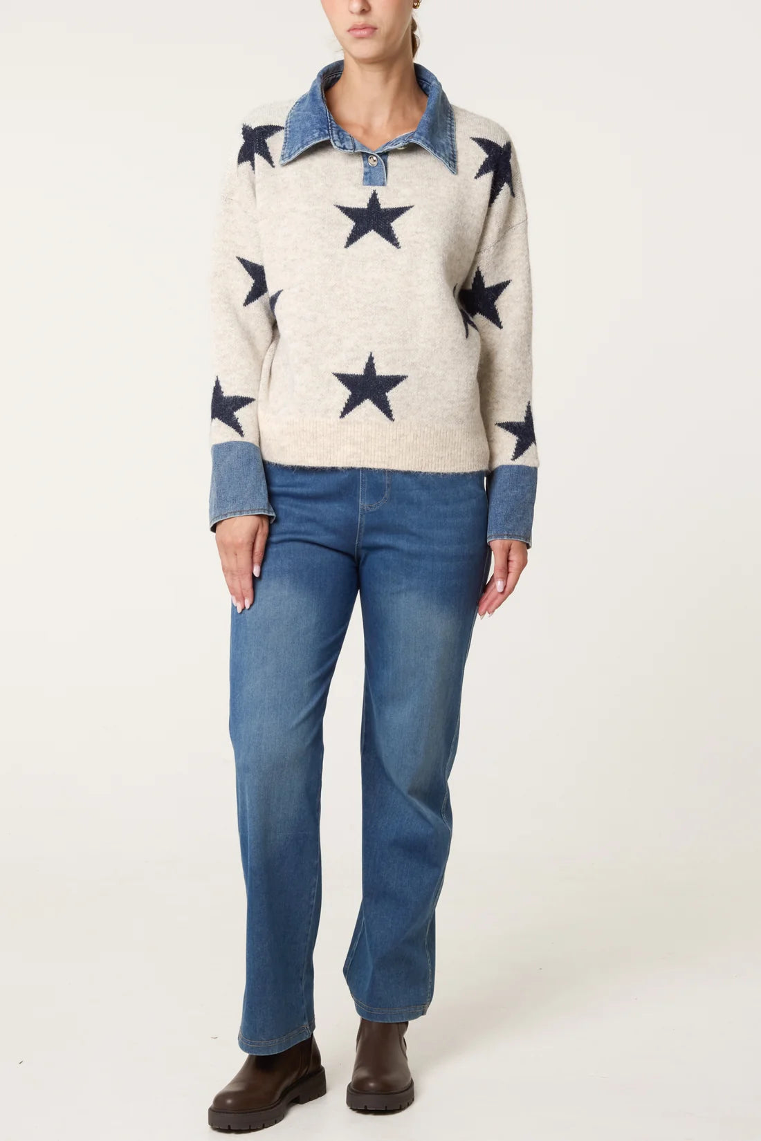 Star Knit Jumper with Denim Accents