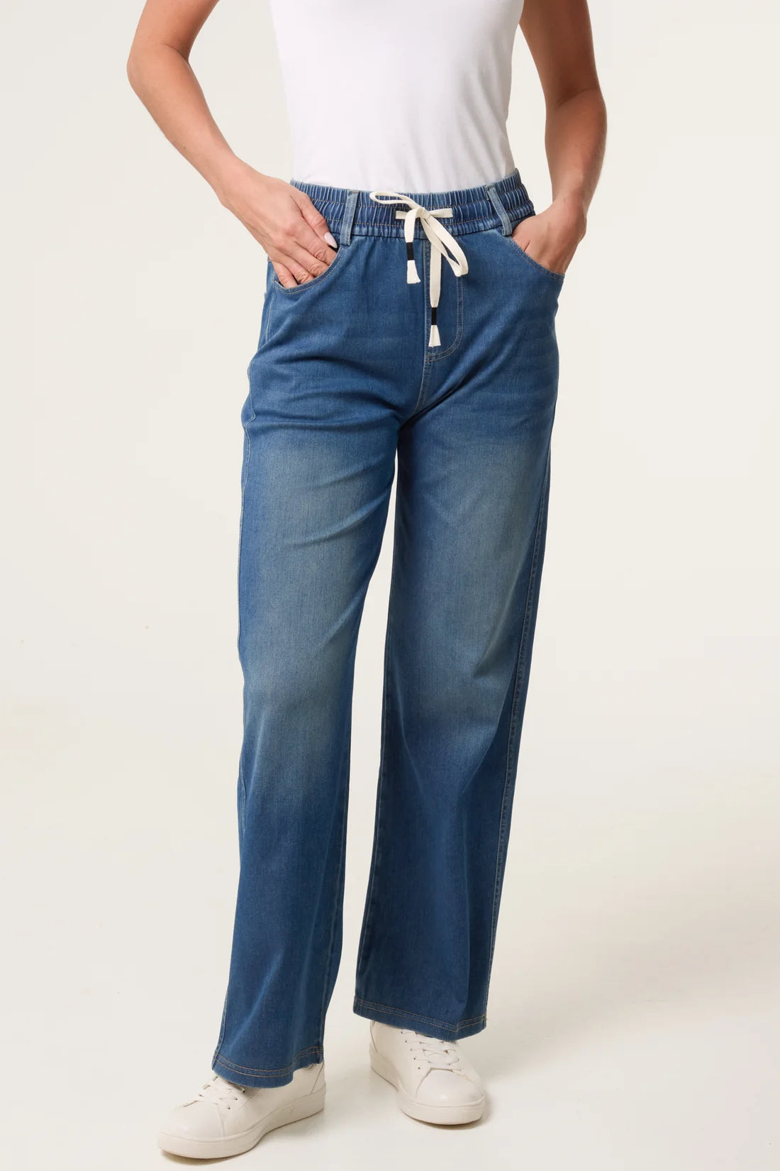 Wide Leg Denim Jeans with Drawstring Waist