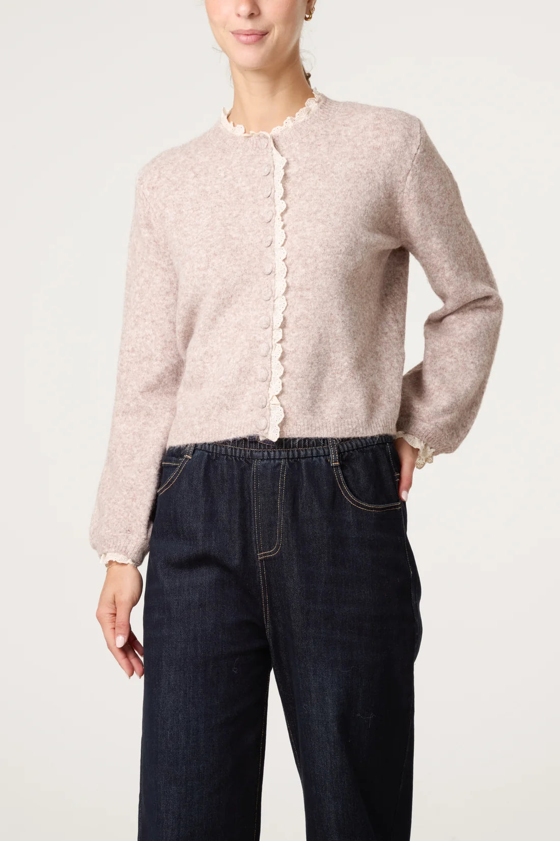 Lace Trim Textured Knit Cardigan
