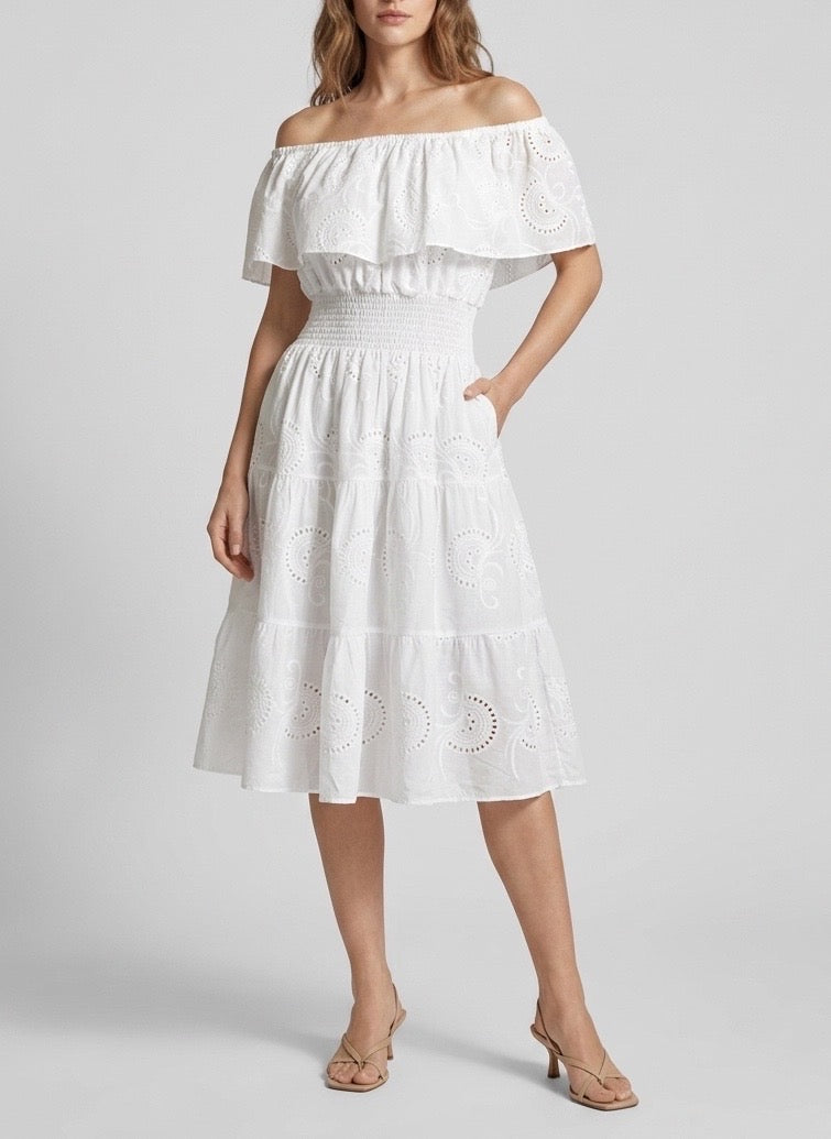 Broderie Anglaise Off-the-Shoulder Midi Dress