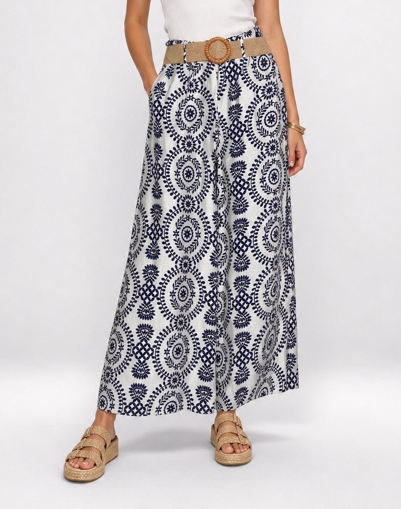Embroidered Wide-Leg Palazzo Trousers