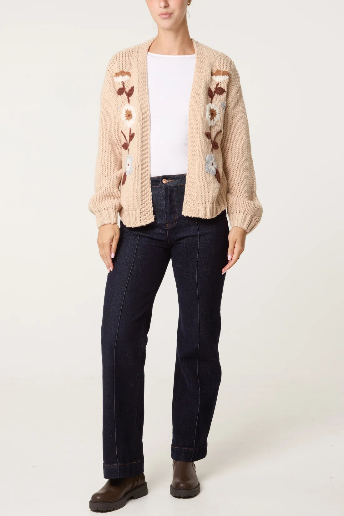 Embroidered Floral Knit Cardigan Stone
