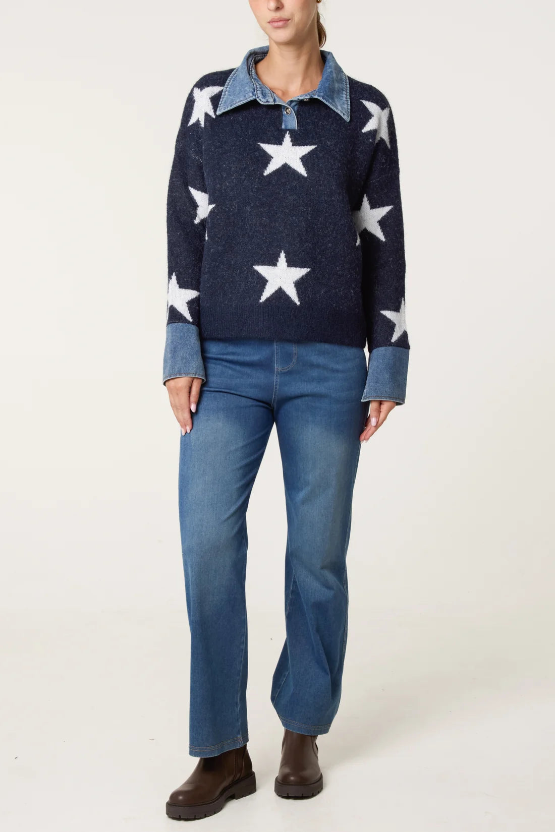 Star Print Jumper with Denim Collar