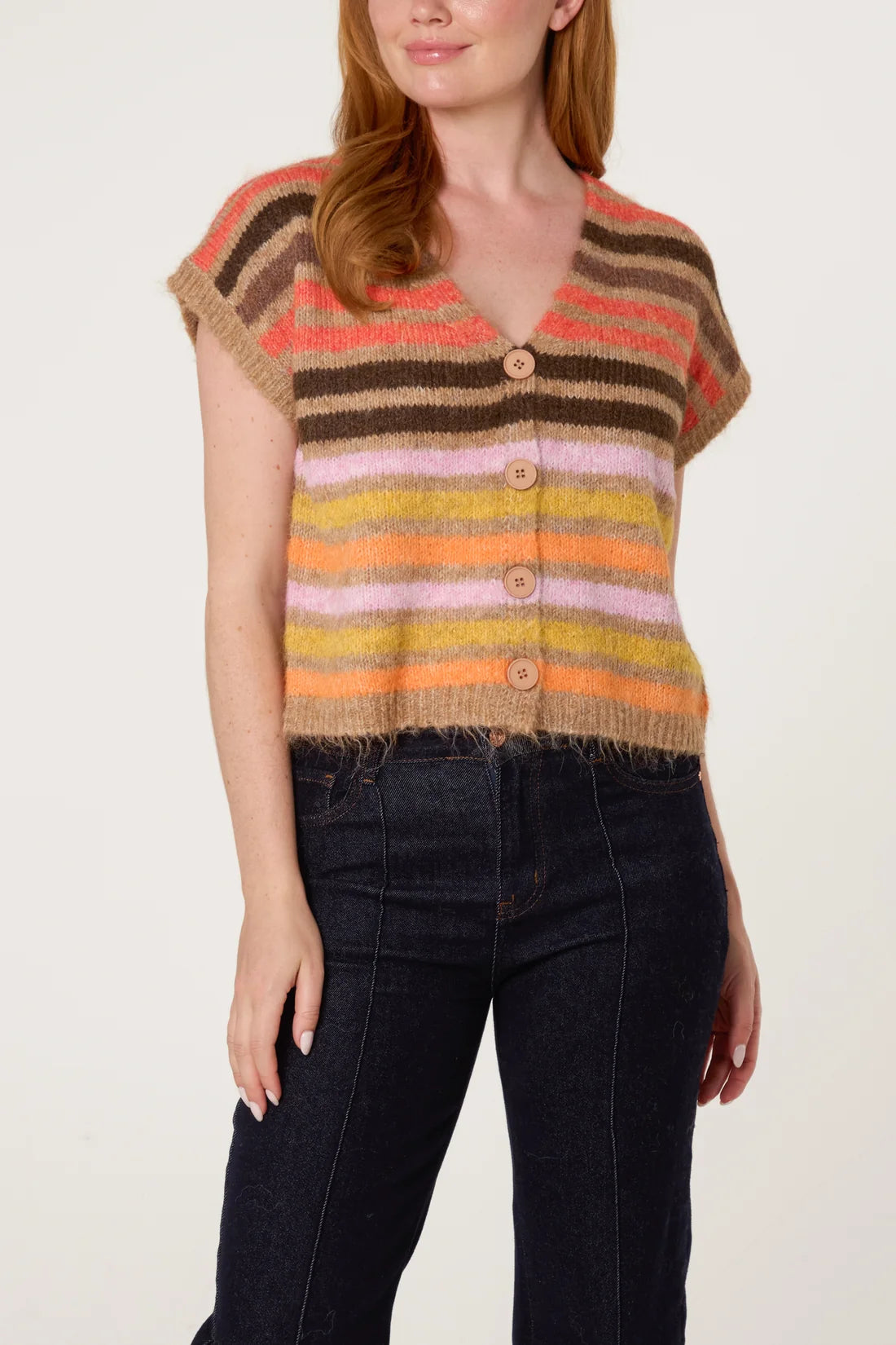 Striped Knitted Sleeveless Cardigan