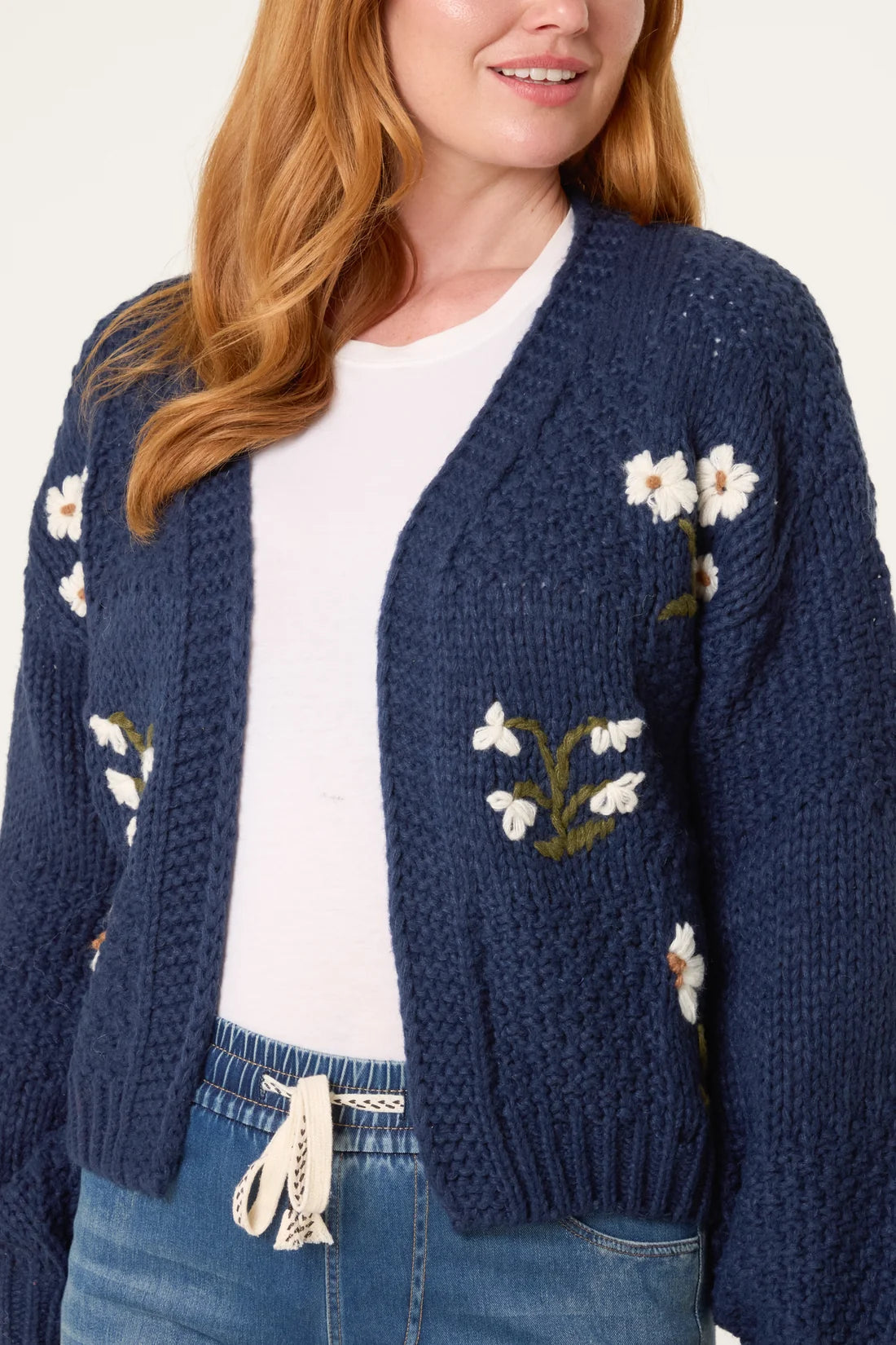 Floral Embroidered Chunky Knit Cardigan