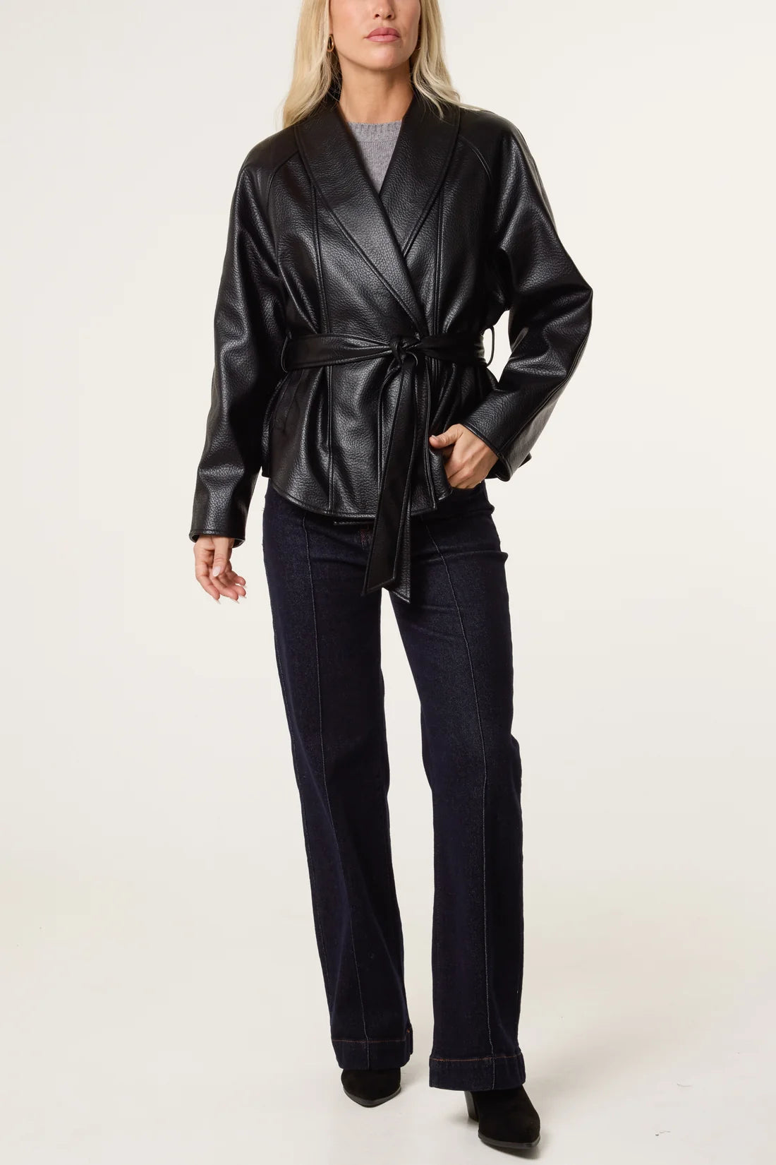 Textured Faux Leather Wrap Jacket