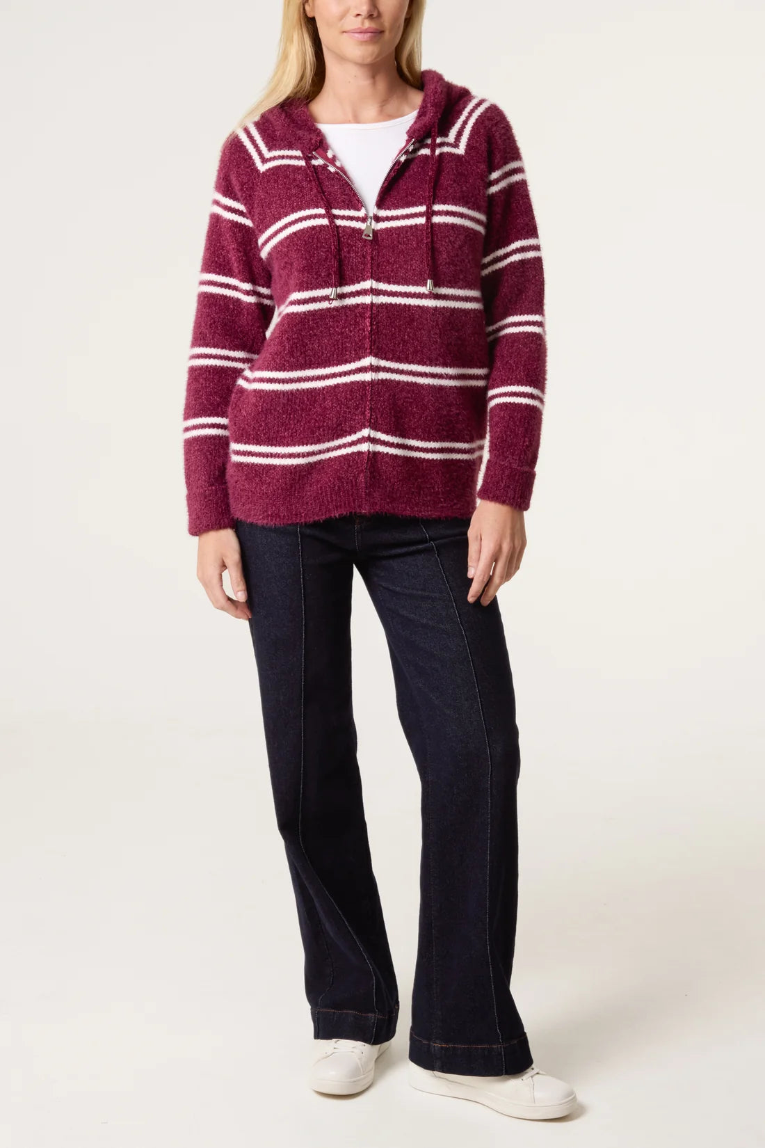 Striped Zip-Up Hooded Cardigan