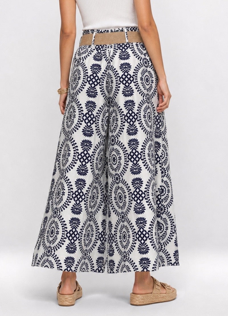 Embroidered Wide-Leg Palazzo Trousers