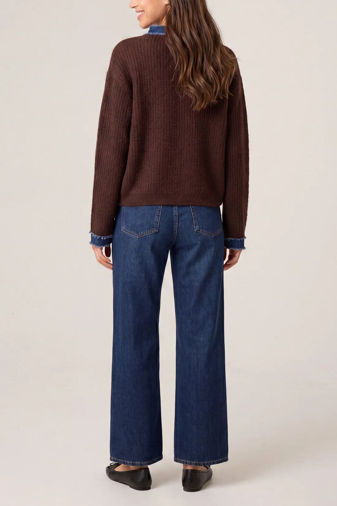 Denim Trim Ribbed Knit Cardigan