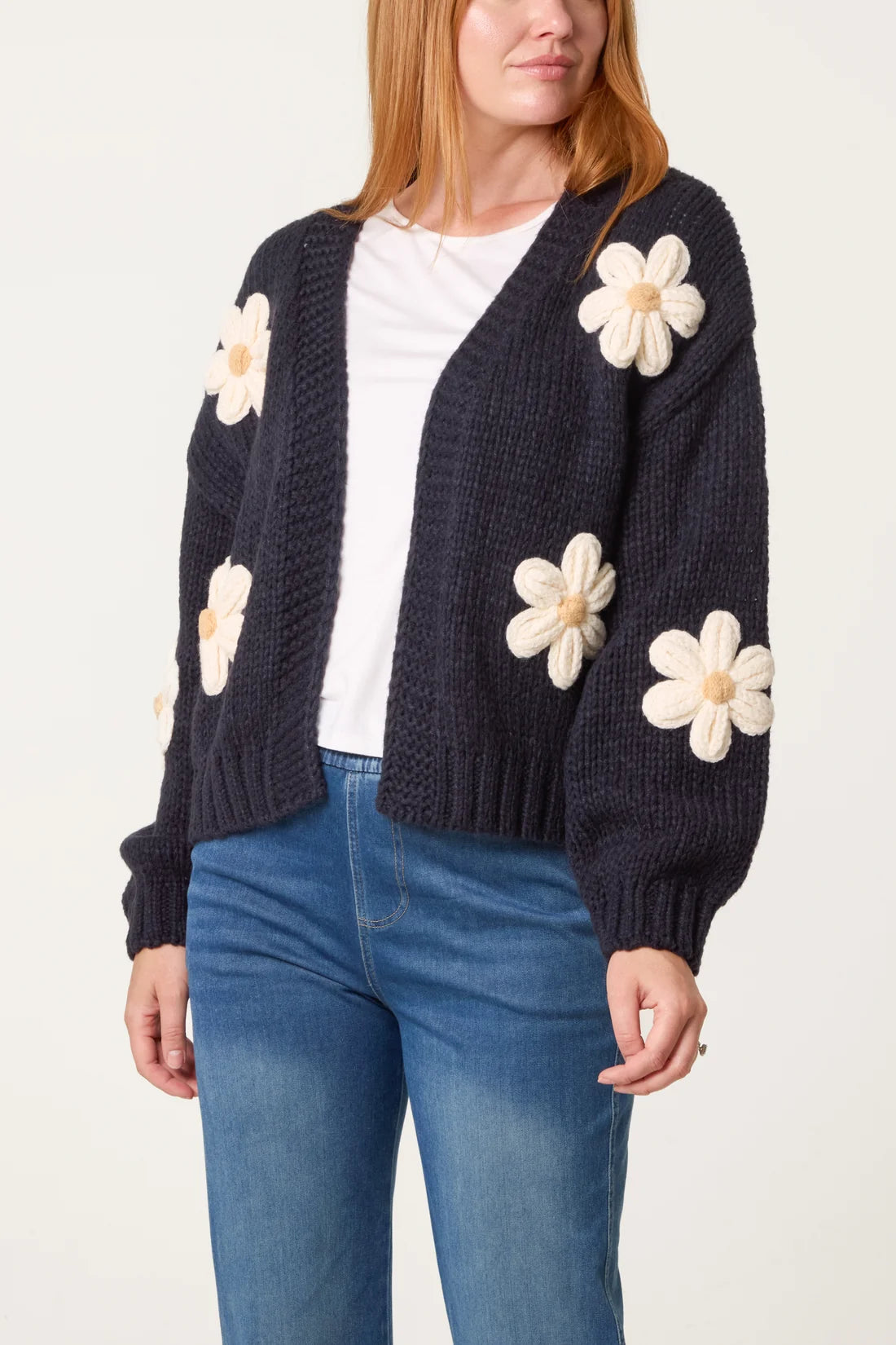Floral Appliqué Chunky Knit Cardigan