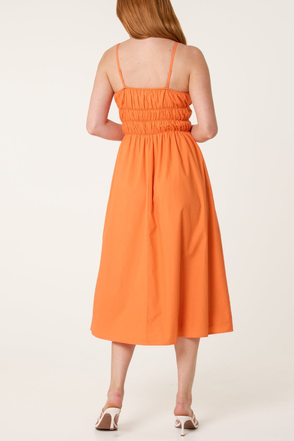 Shirred Bodice Midi Dress Tangerine