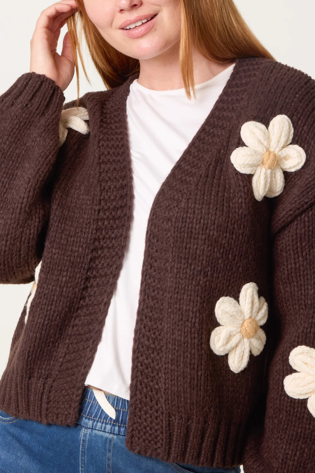 Floral Appliqué Chunky Knit Cardigan