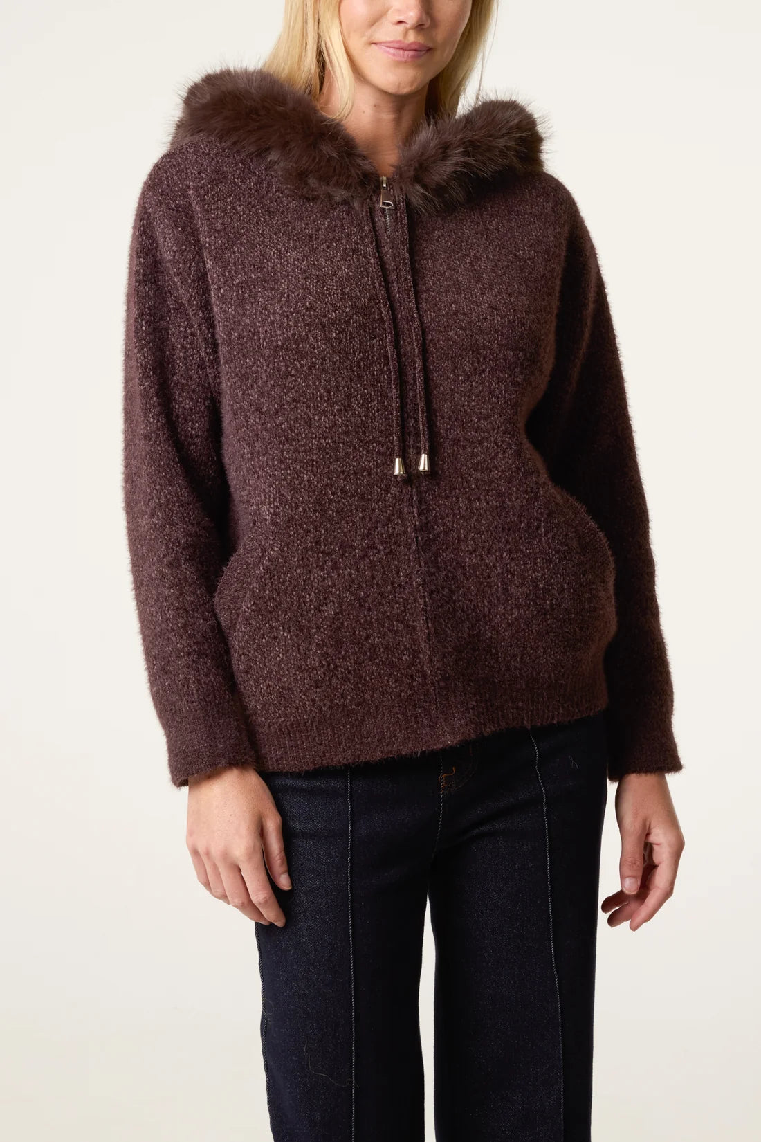 Fur Trimmed Knit Hoodie