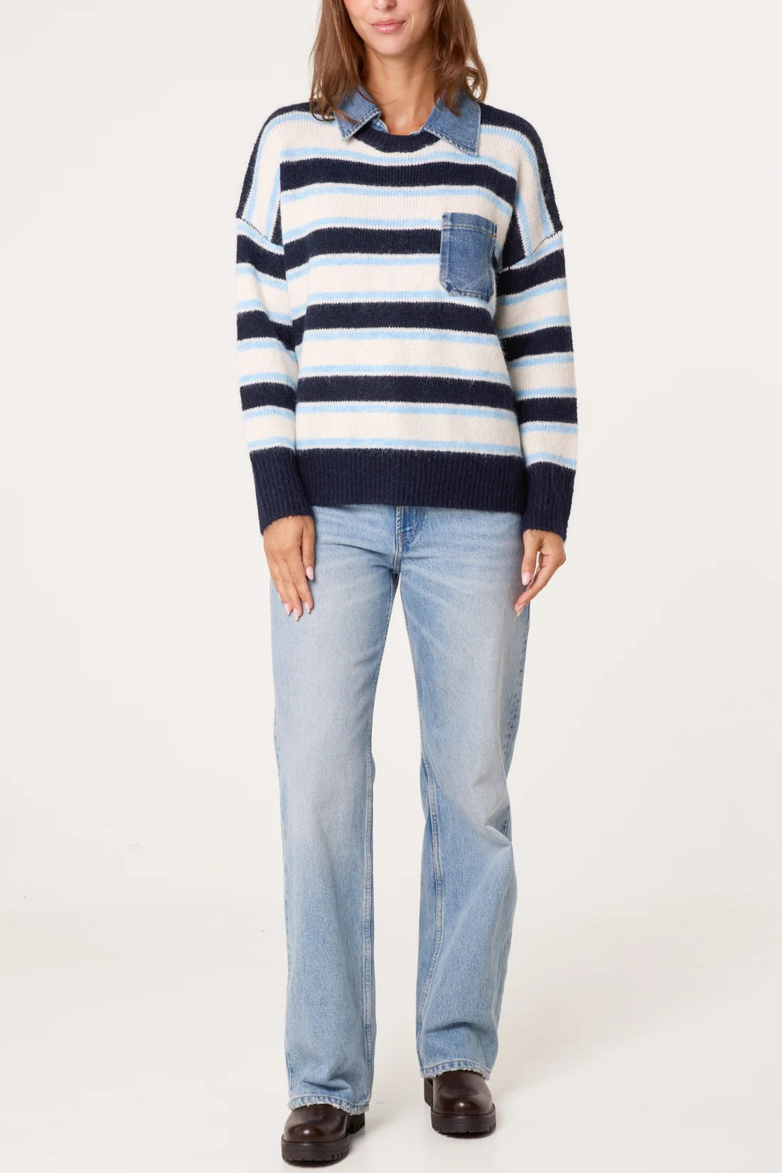 Striped Knit Jumper with Denim Collar