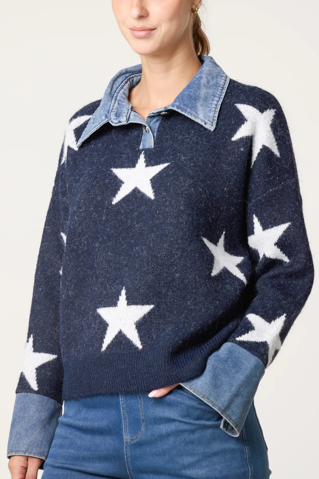 Star Print Jumper with Denim Collar