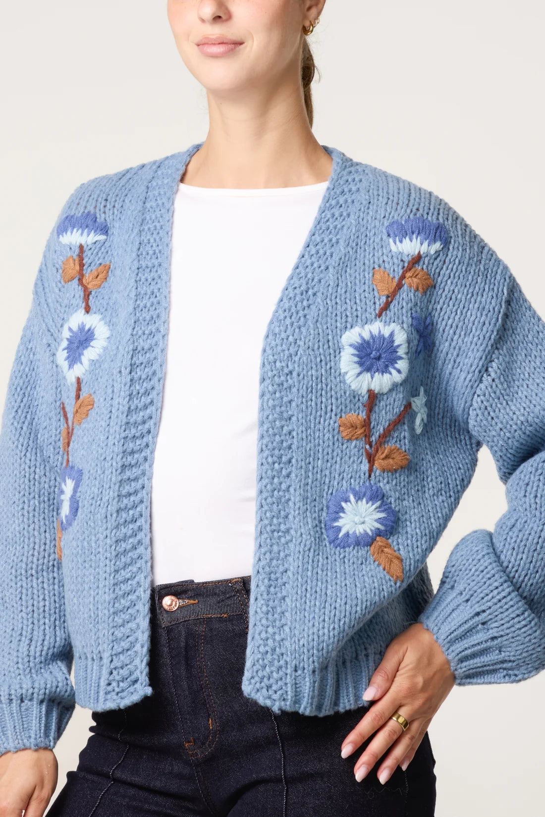Embroidered Floral Knit Cardigan Denim