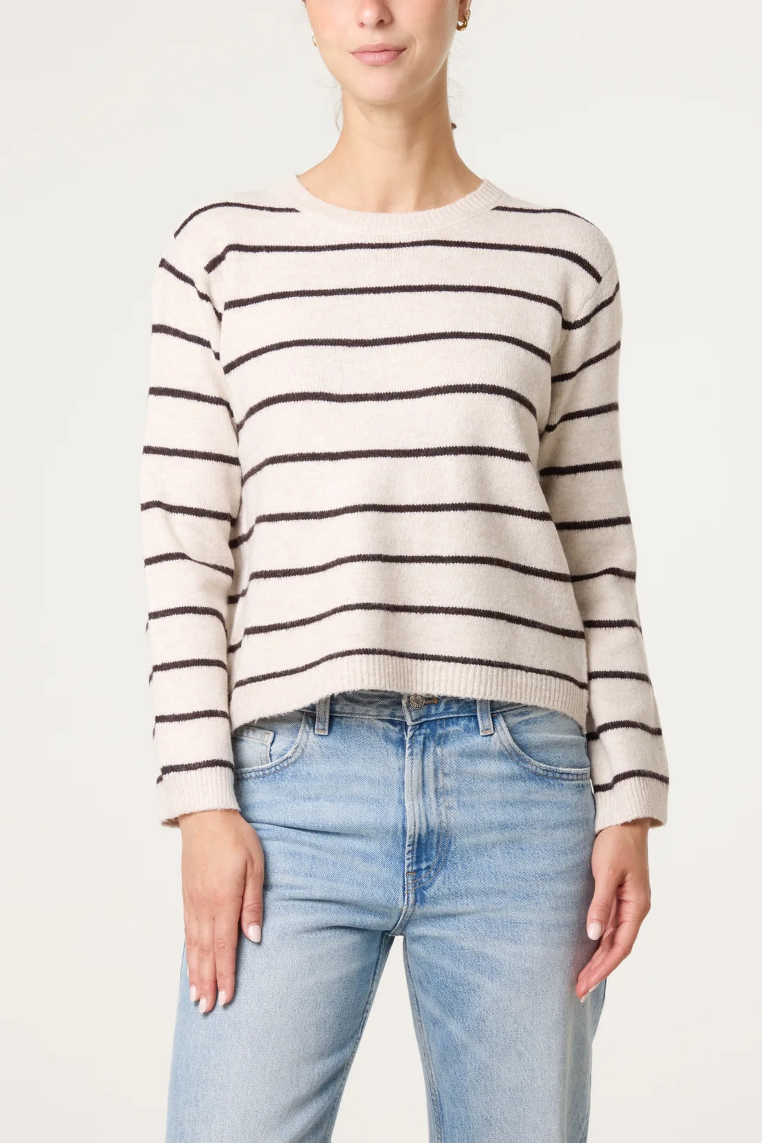 Striped Knit Crewneck Scarf Sweater