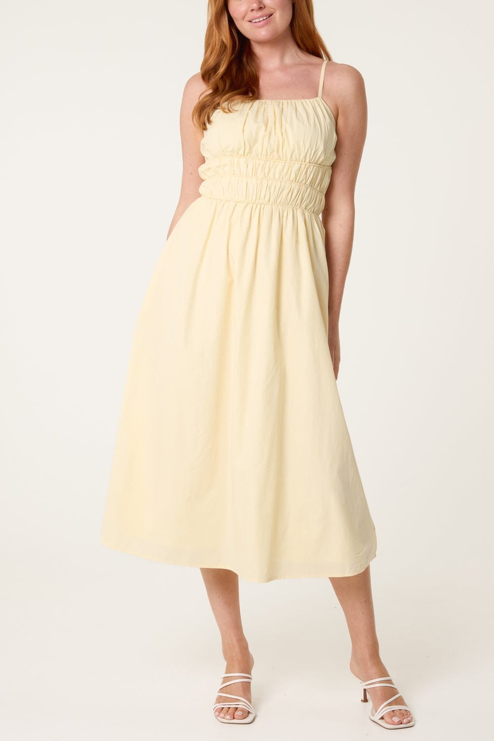 Shirred Bodice Midi Dress Lemon