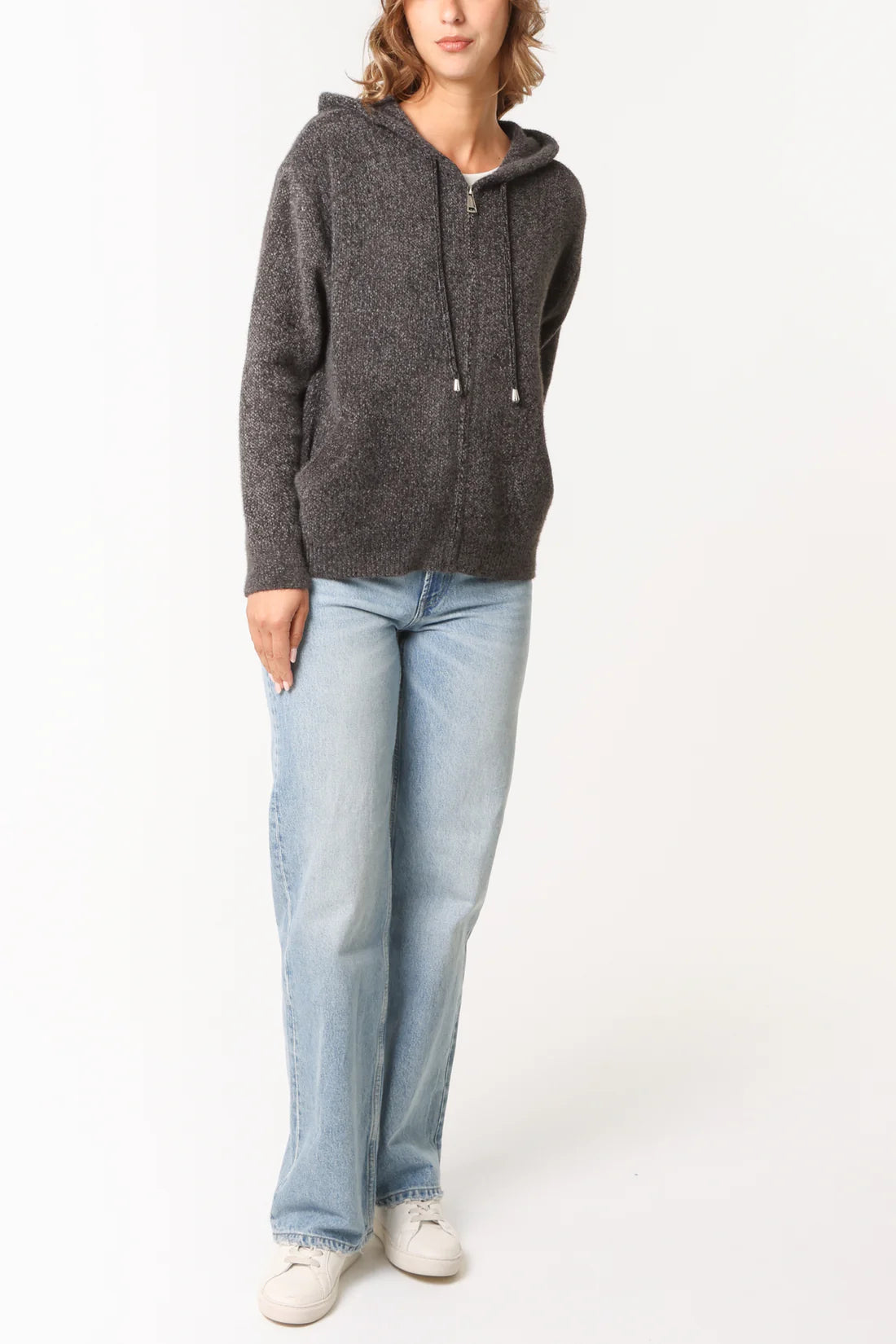 Textured Knit Zip-Front Hoodie