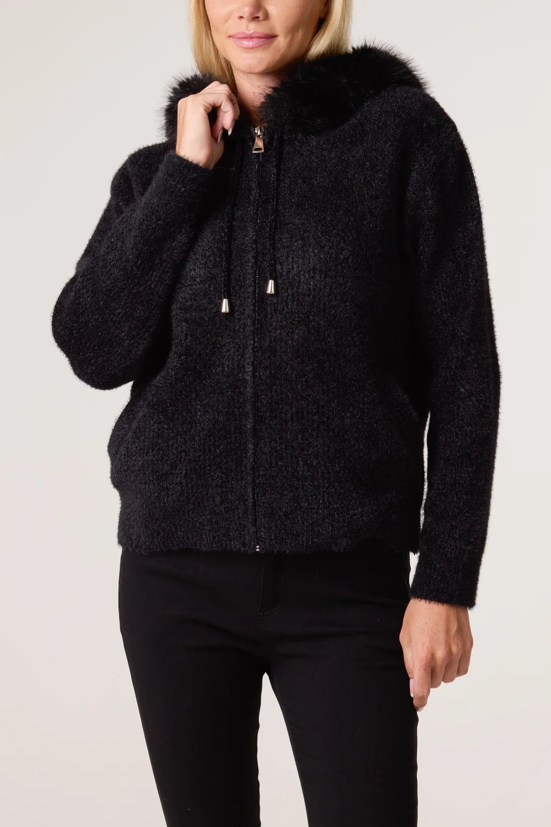 Soft Knit Hooded Jacket with Faux Fur Trim