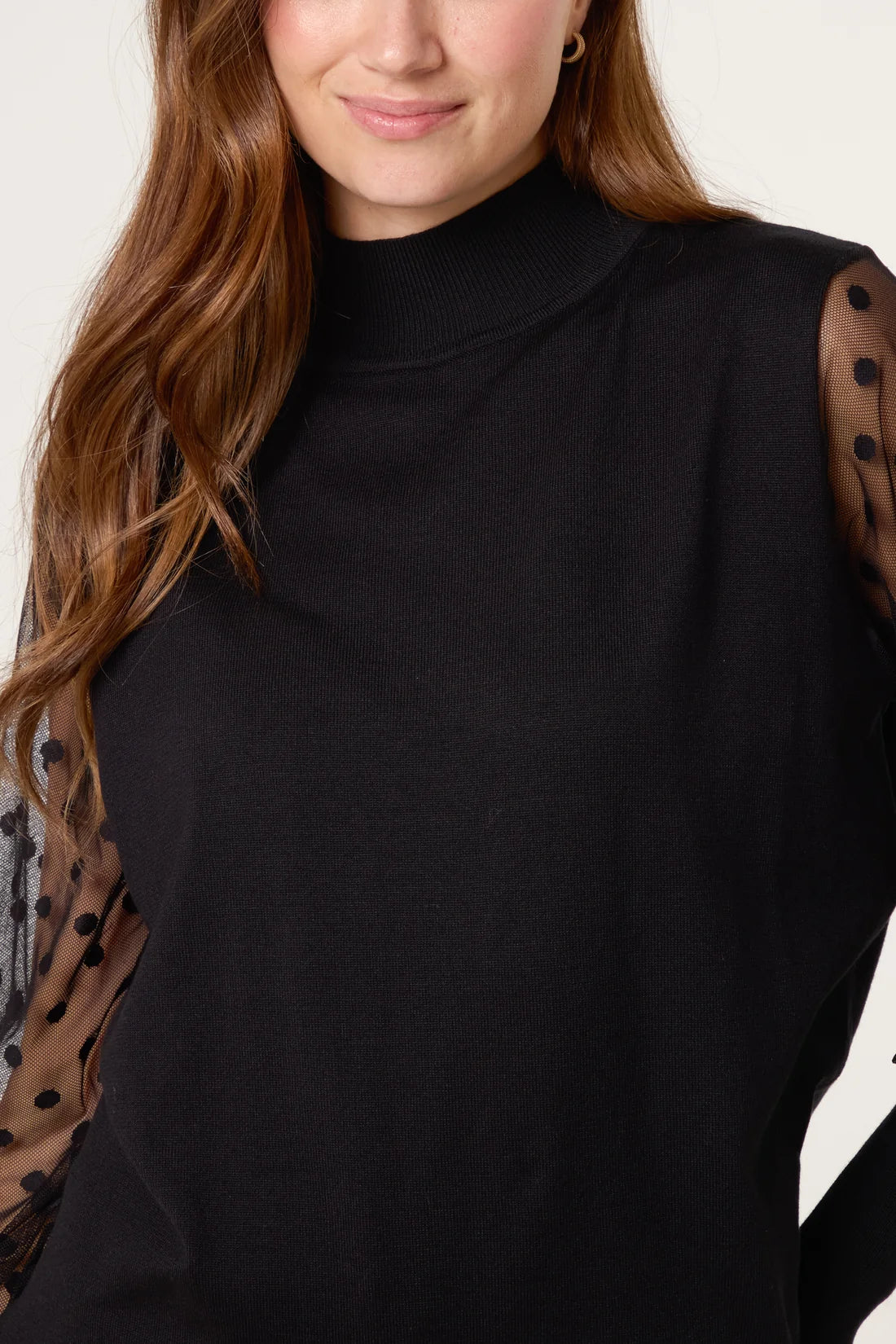 Mock Neck Jumper with Polka Dot Sheer Sleeves