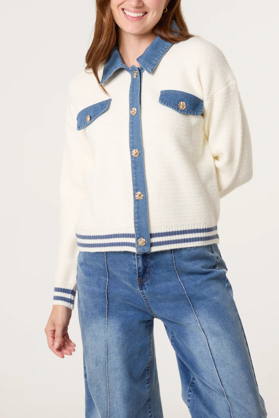 Textured Knit Cardigan with Denim Trim
