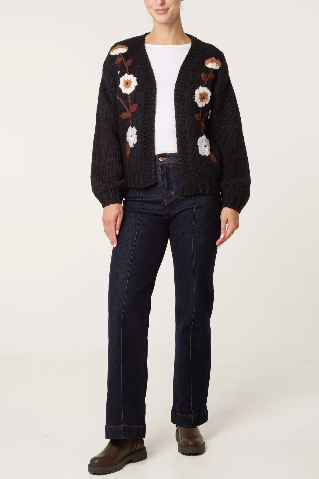 Embroidered Floral Knit Cardigan Black
