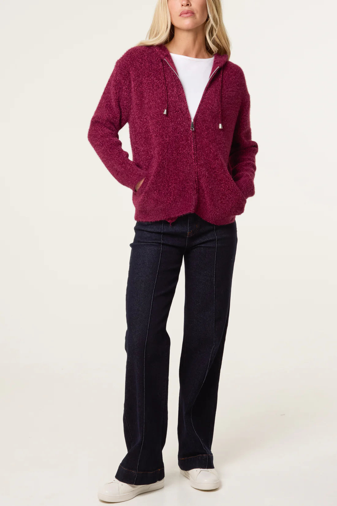 Textured Knit Hooded Zip Jacket