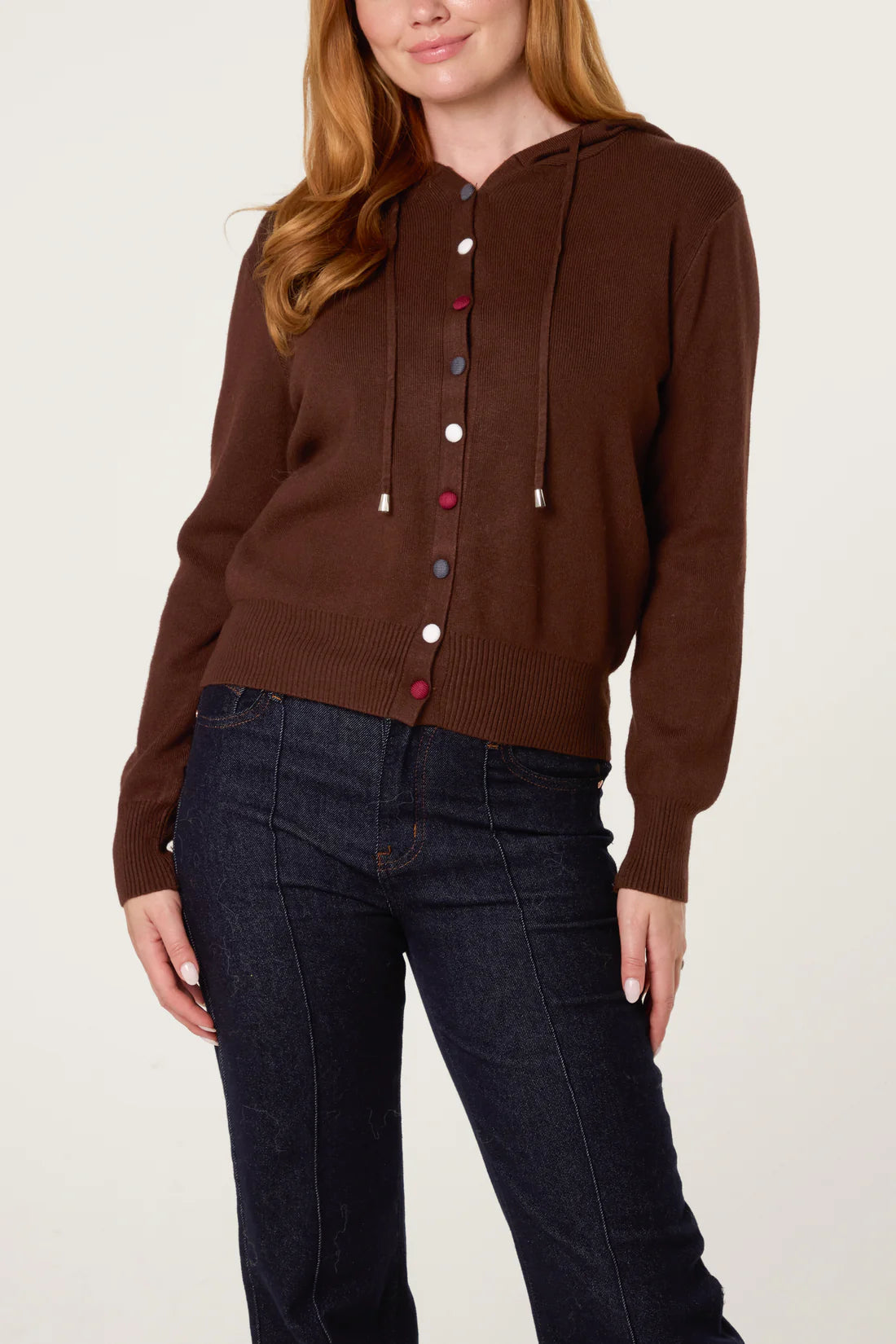 Knitted Hoodie Cardigan with Contrast Buttons