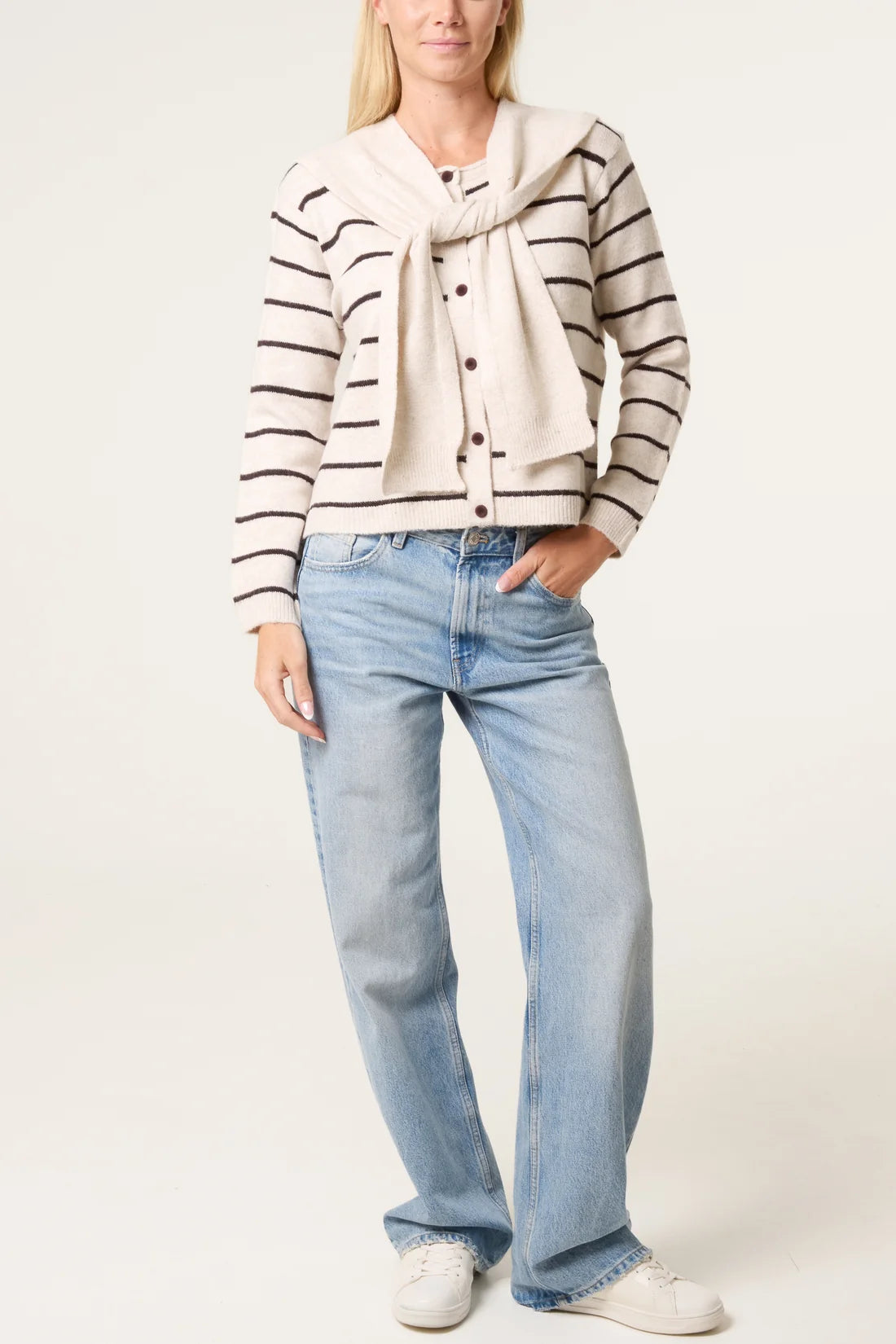 Striped Tie-Neck Scarf Cardigan