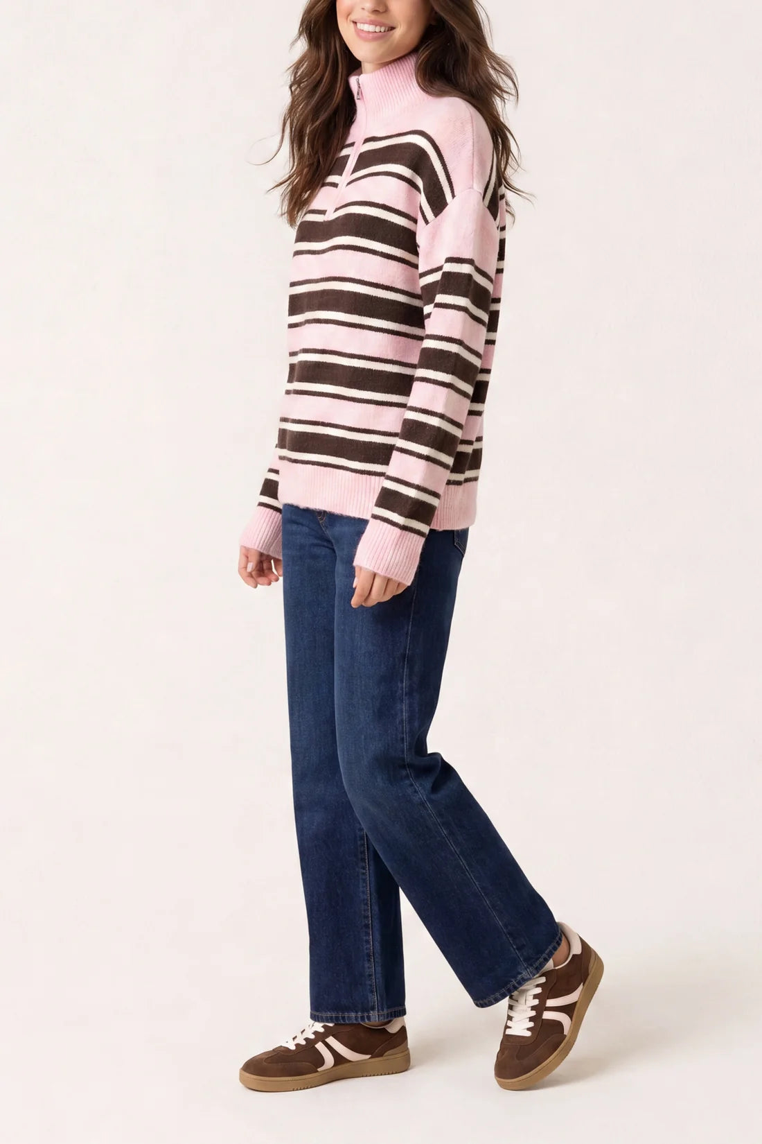 Striped Quarter Zip Funnel Neck Jumper
