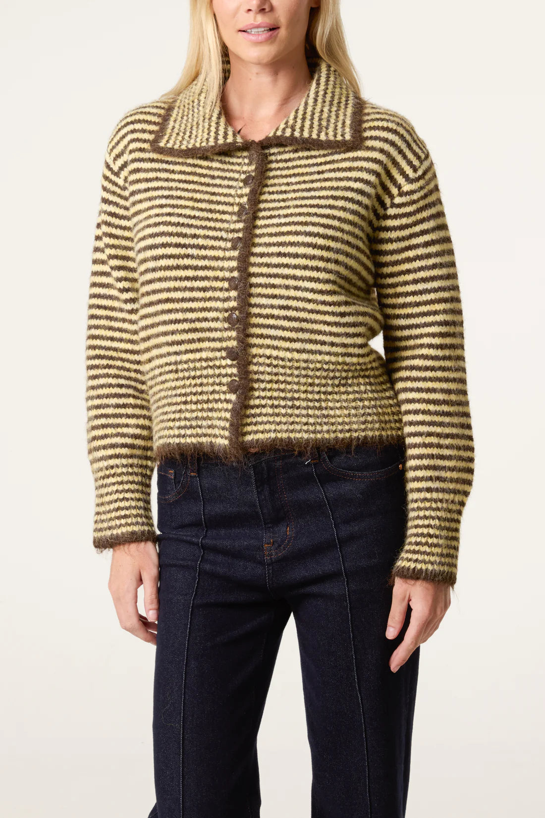 Striped Collared Wool Blend Cardigan