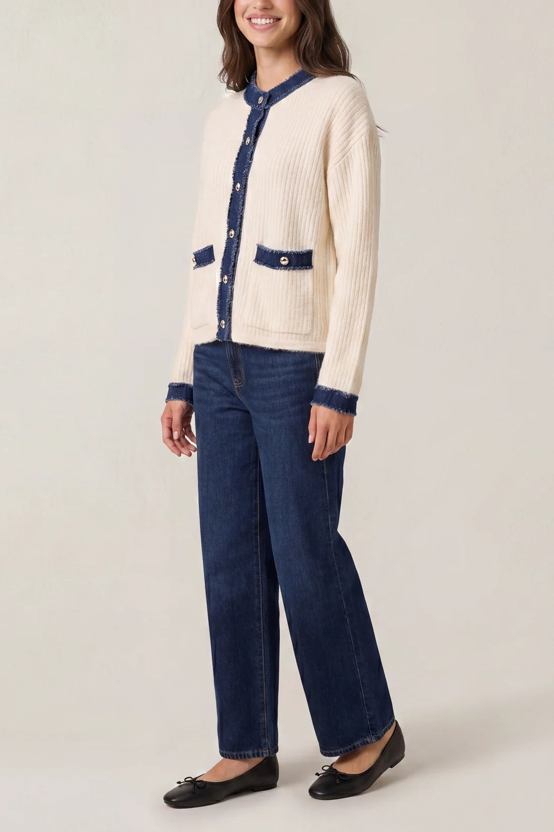 Denim Trim Ribbed Knit Cardigan