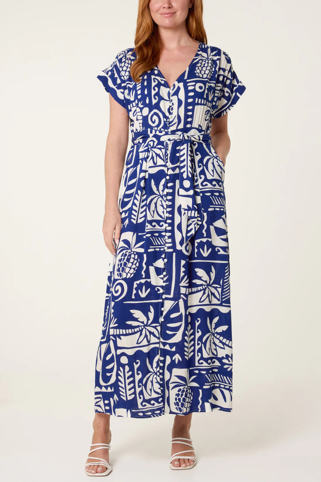 Tropical Print Maxi Dress with Tie Waist
