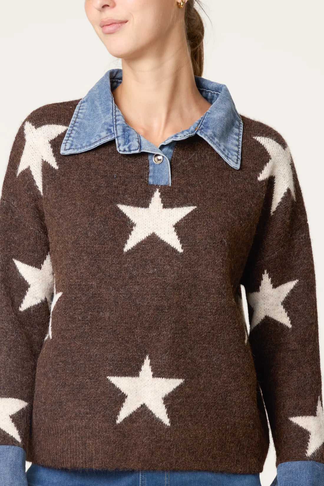 Star Print Knit Jumper with Denim Collar