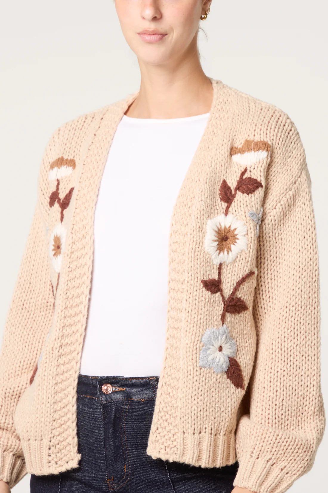 Embroidered Floral Knit Cardigan Stone
