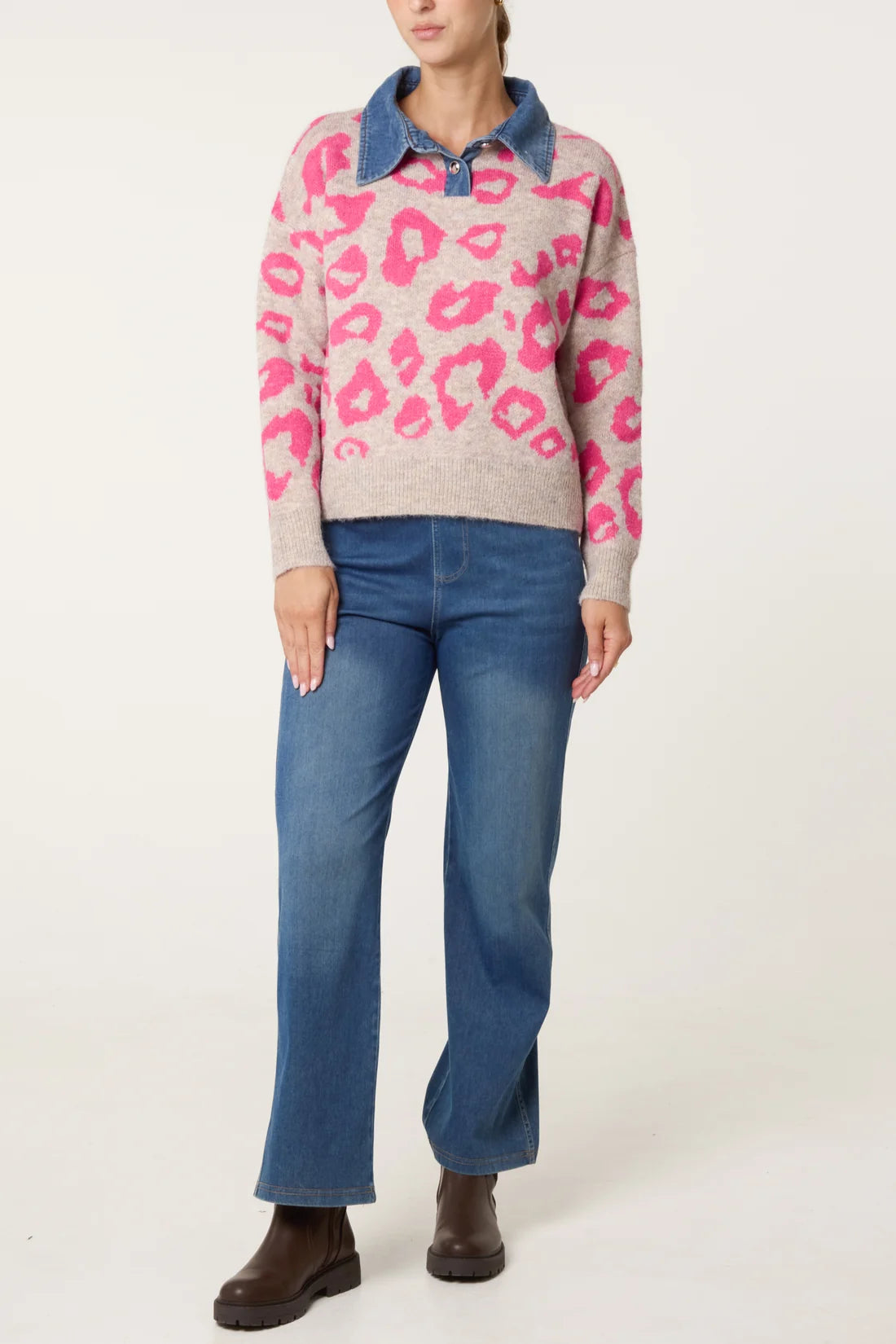 Leopard Print Knit Sweater with Denim Collar