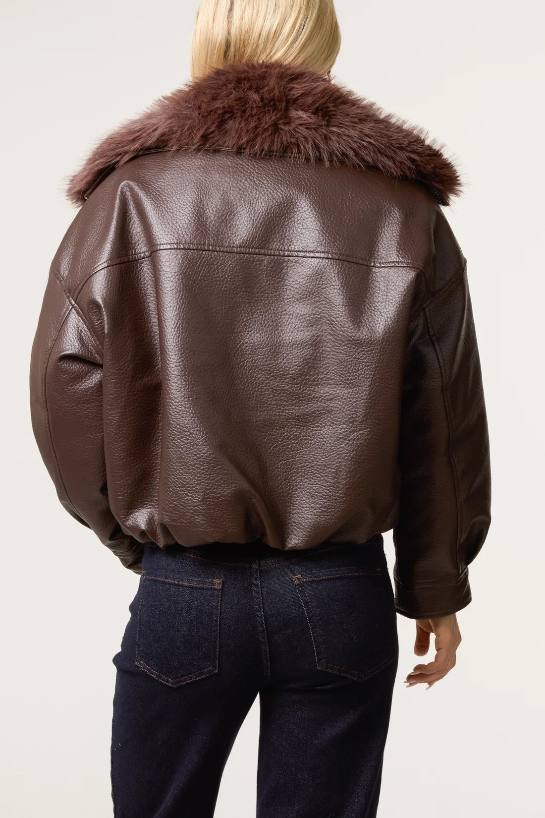 Faux Leather Bomber Jacket with Faux Fur Trim