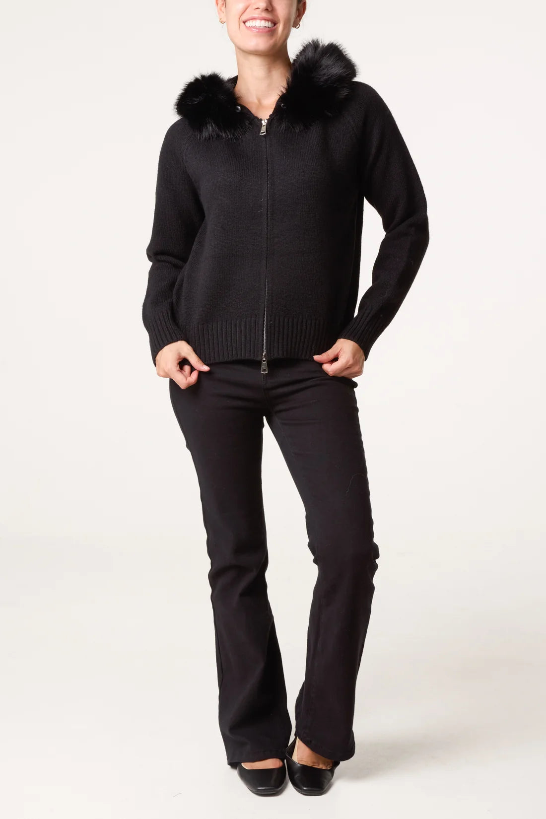 Faux Fur Trimmed Knitted Cardigan