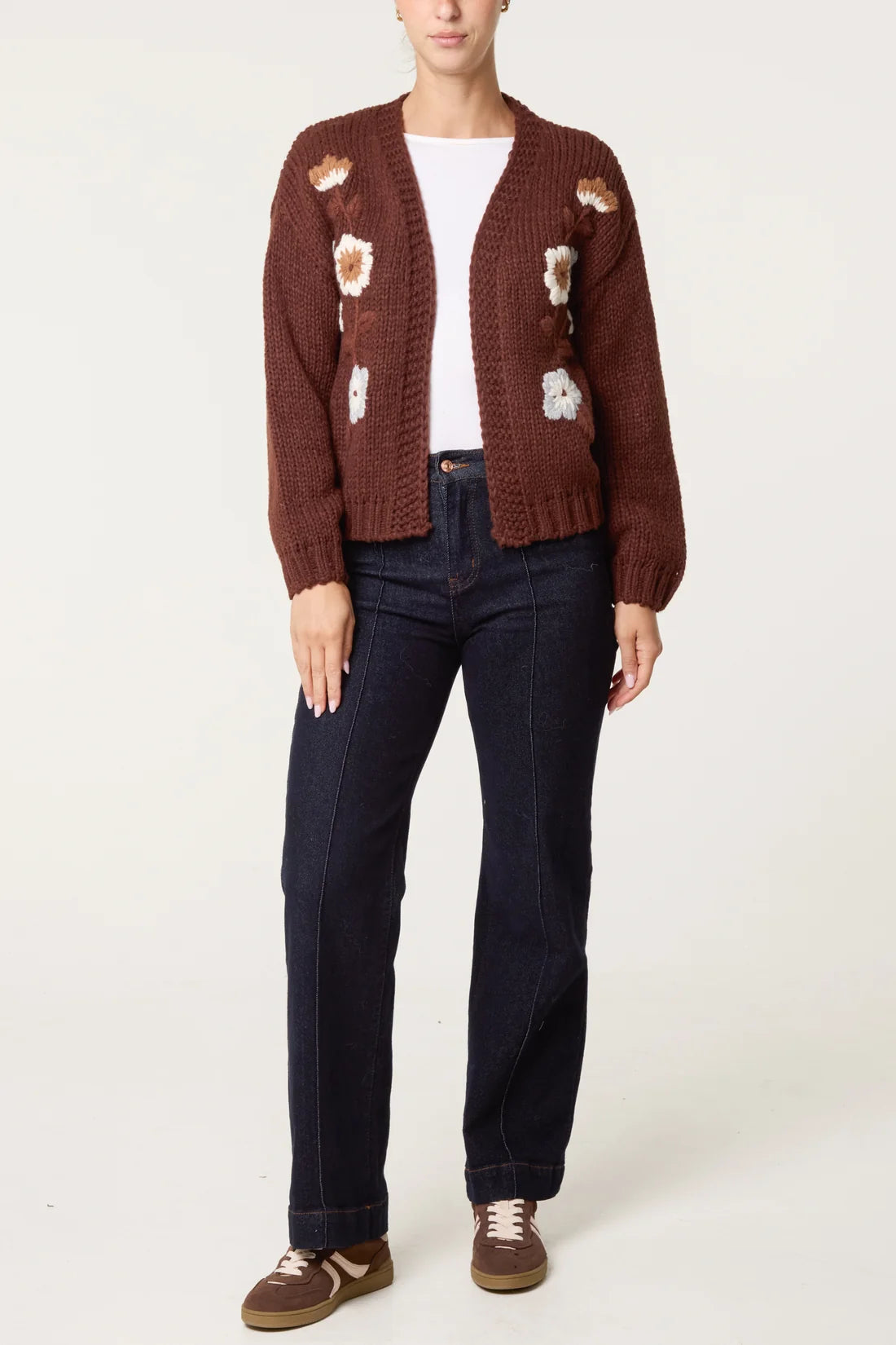 Embroidered Floral Knit Cardigan Chocolate
