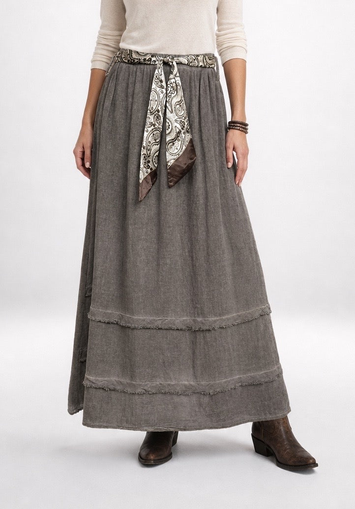 Tiered Linen Mix Belted Maxi Skirt - Mixed Pack