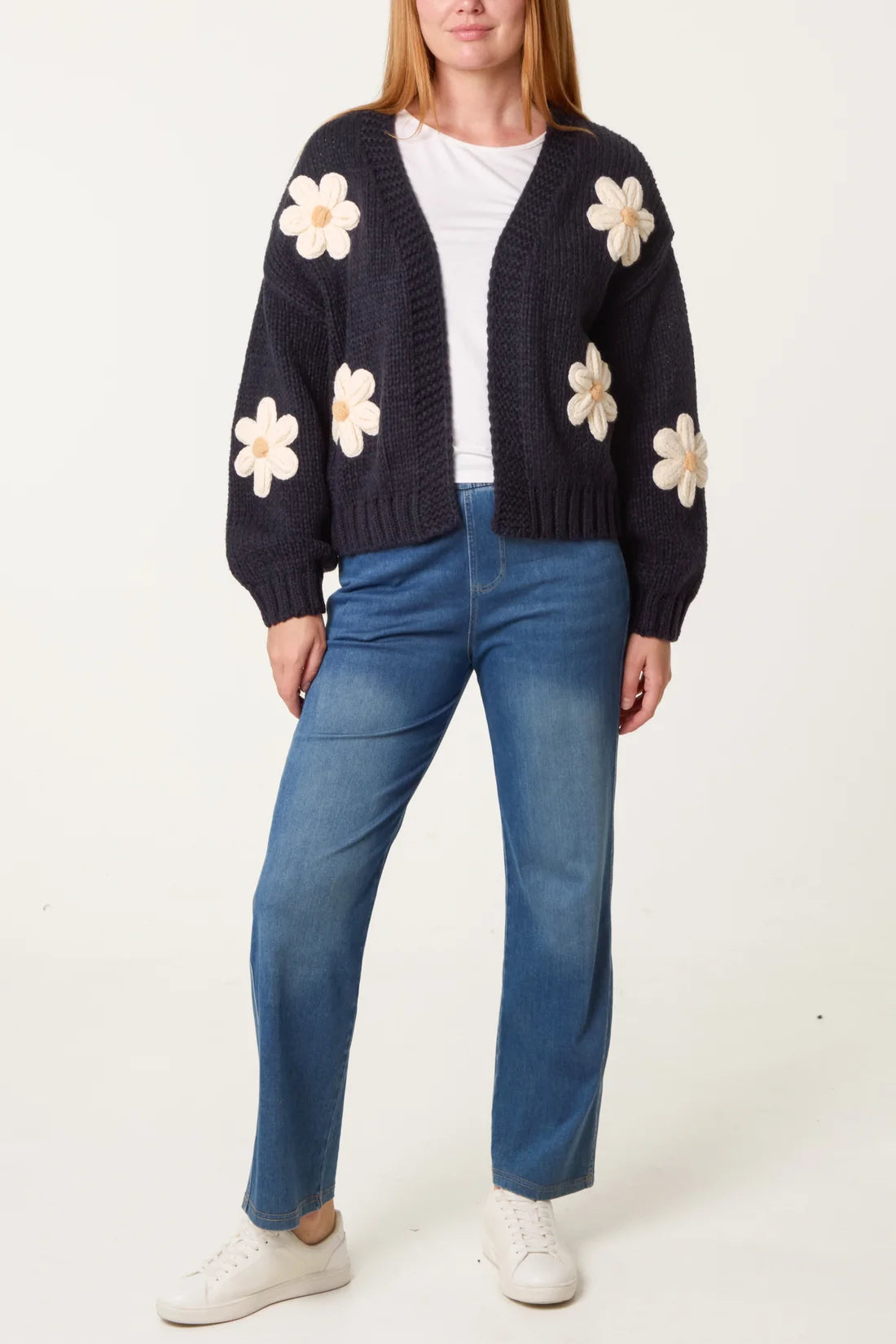 Floral Appliqué Chunky Knit Cardigan