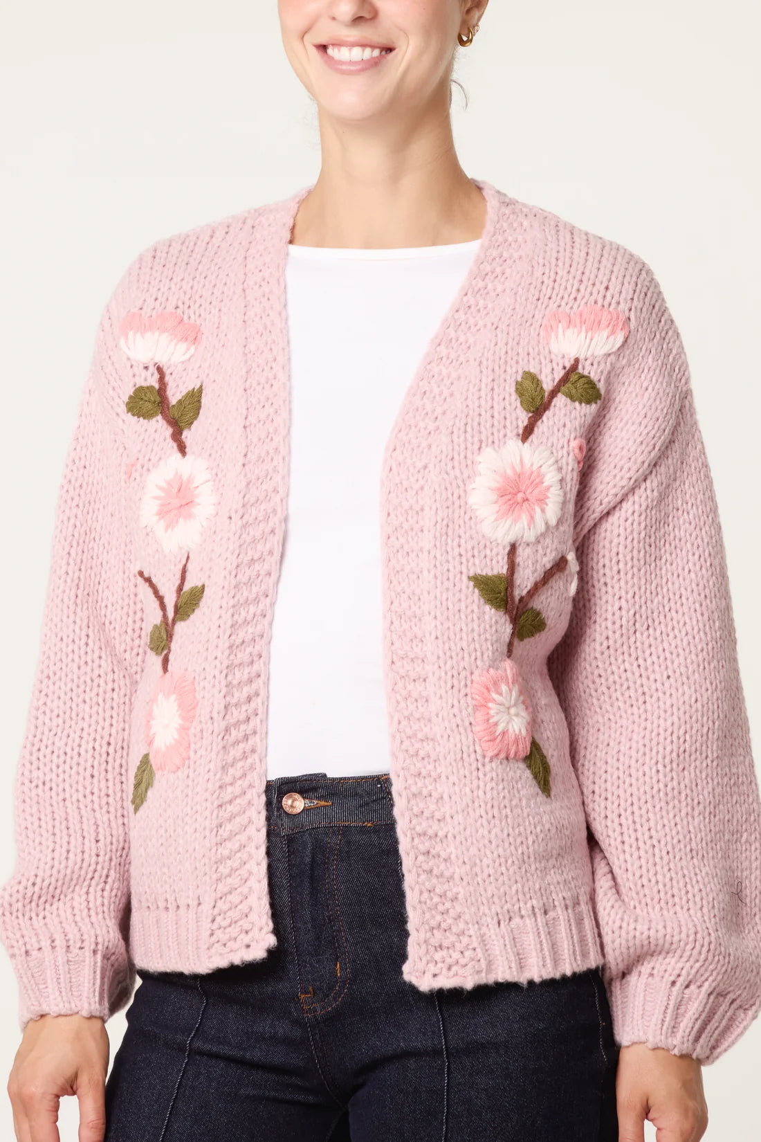 Embroidered Floral Knit Cardigan Pink