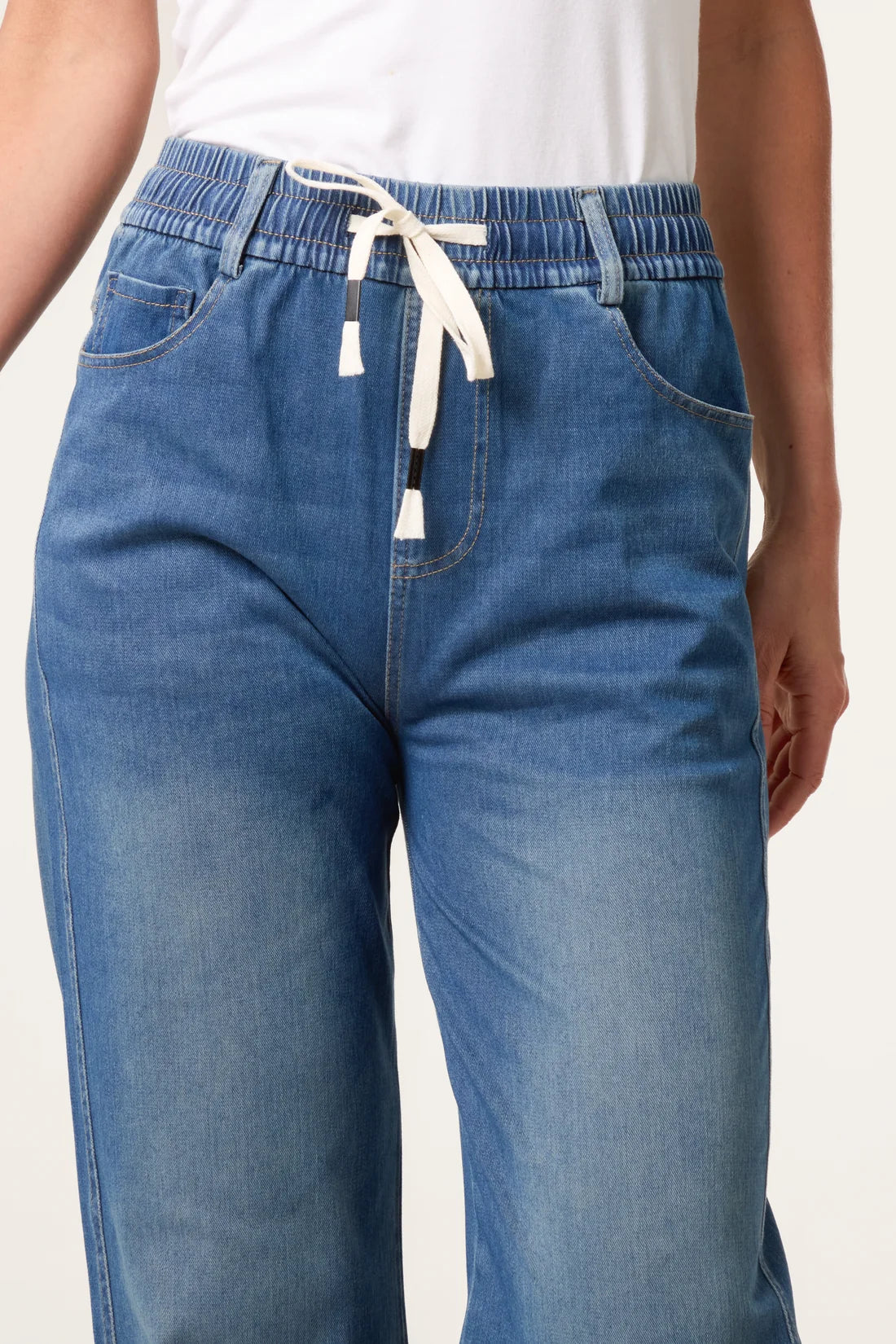Wide Leg Denim Jeans with Drawstring Waist