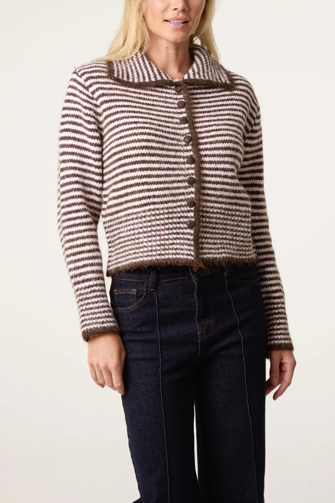 Striped Collared Wool Blend Cardigan