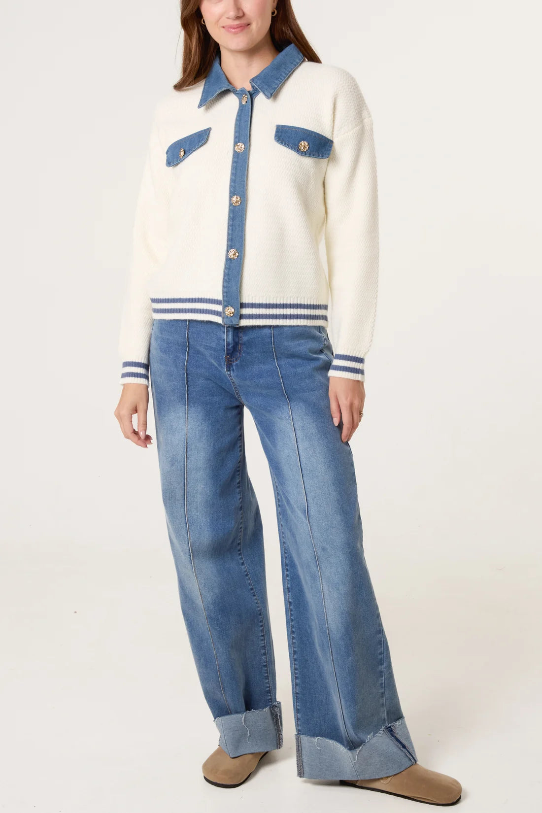 Textured Knit Cardigan with Denim Trim