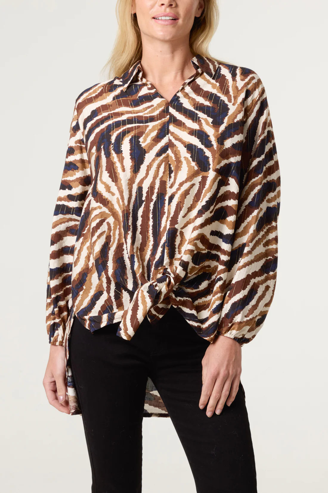 Animal Print Tie-Front Blouse