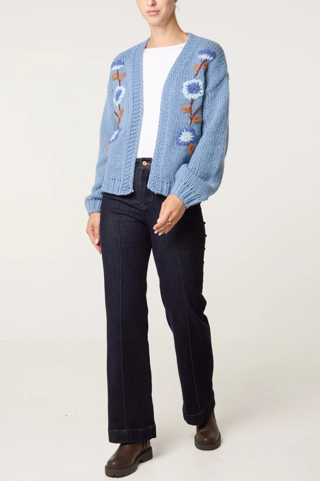 Embroidered Floral Knit Cardigan Denim