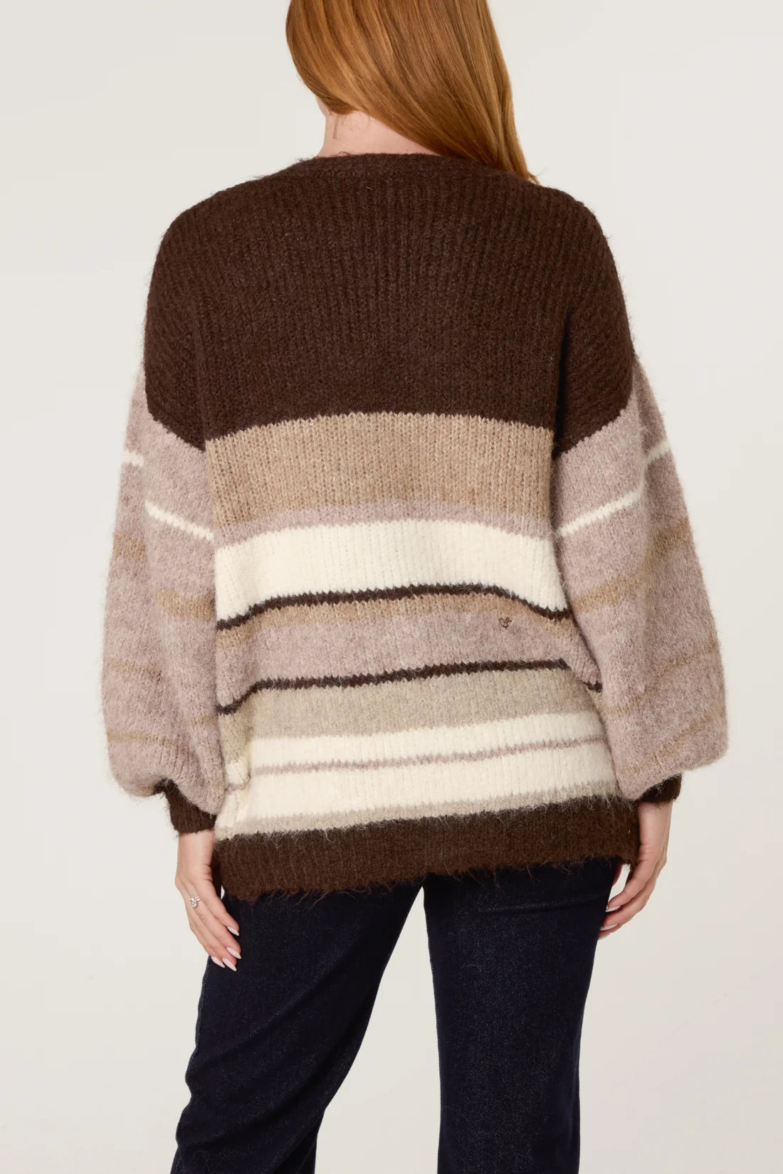 Striped Knit Balloon Sleeve Cardigan