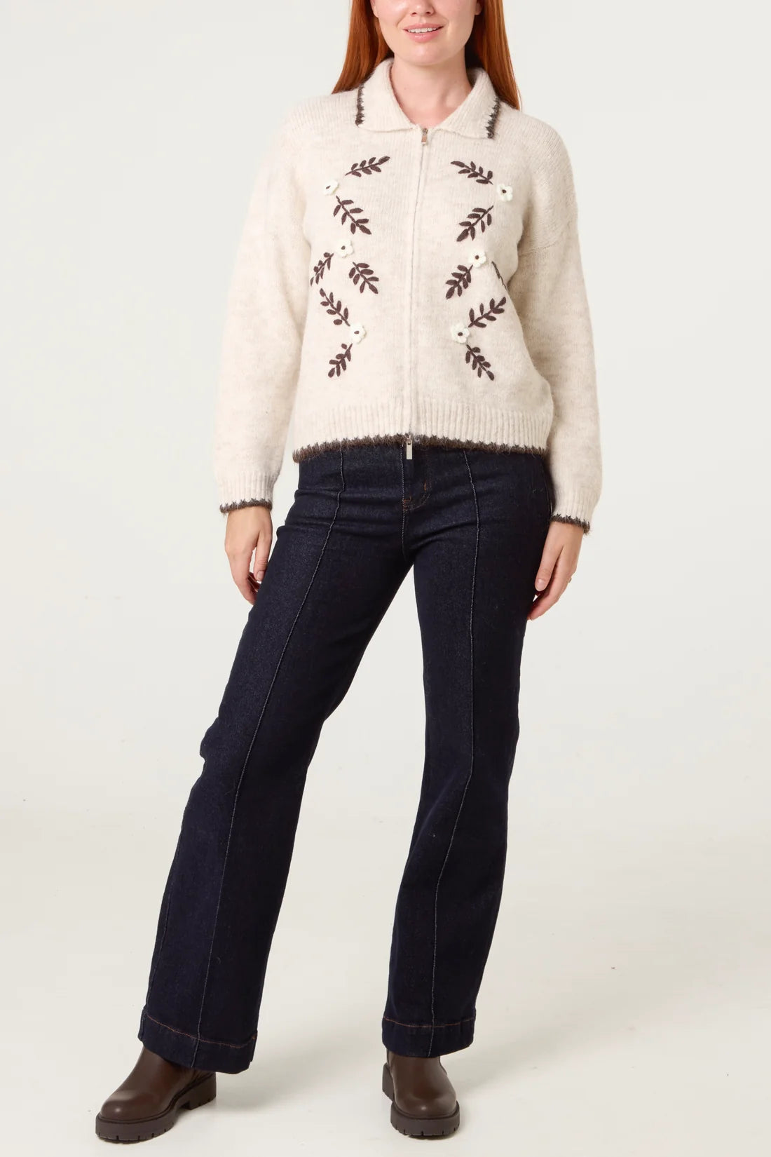Embroidered Zip-Up Cardigan with Collar